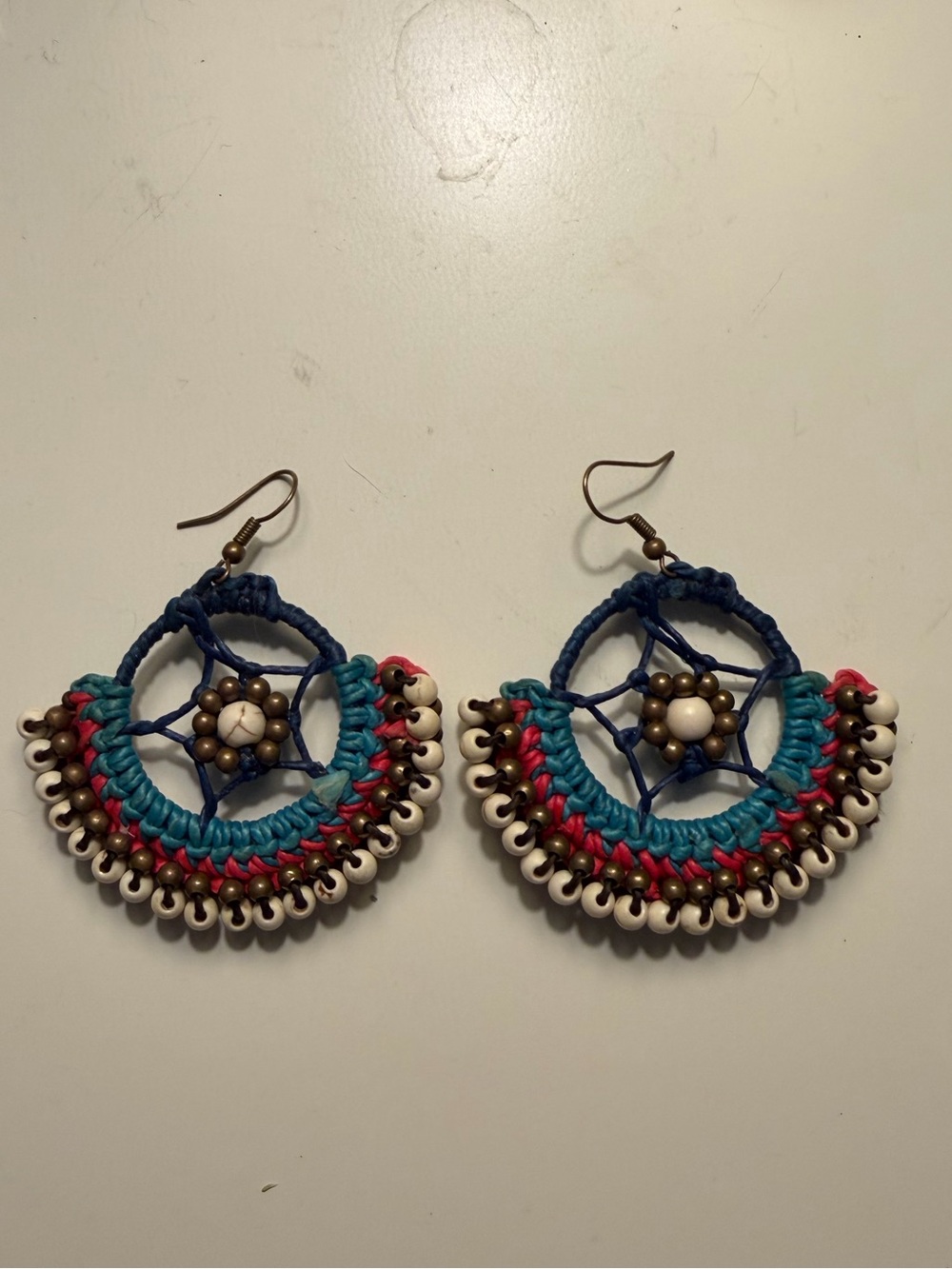 Handmade beaded blue red macrame woven boho festival hippie round hoop earrings